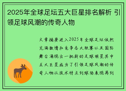 2025年全球足坛五大巨星排名解析 引领足球风潮的传奇人物